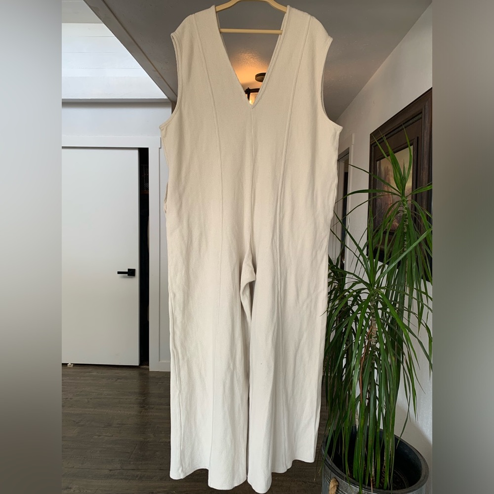 Free People Cream V-Neck Wide-Leg Jumpsuit
